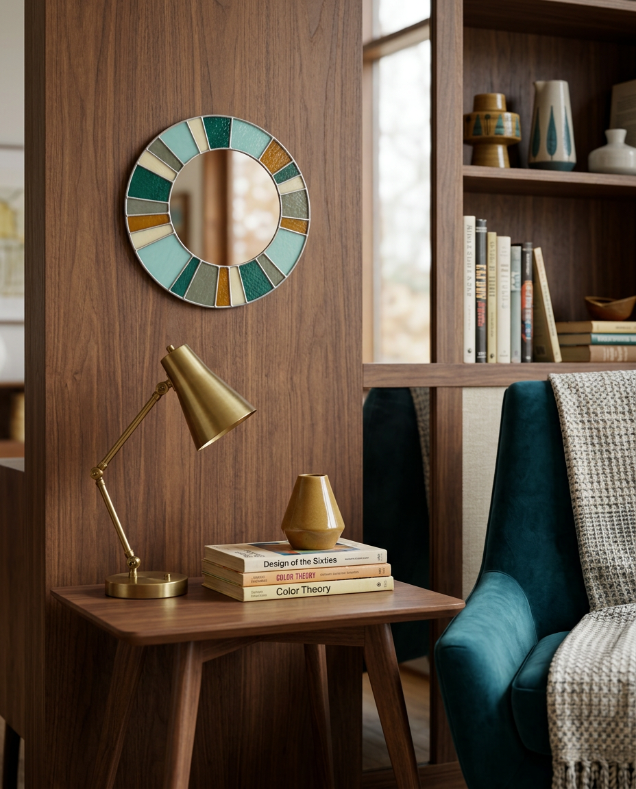 Decorative mirror with colorful tiles on a wooden wall above a side table with a lamp and books.