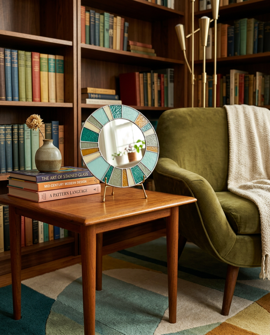 Decorative mirror on a wooden table with books and a chair in the background