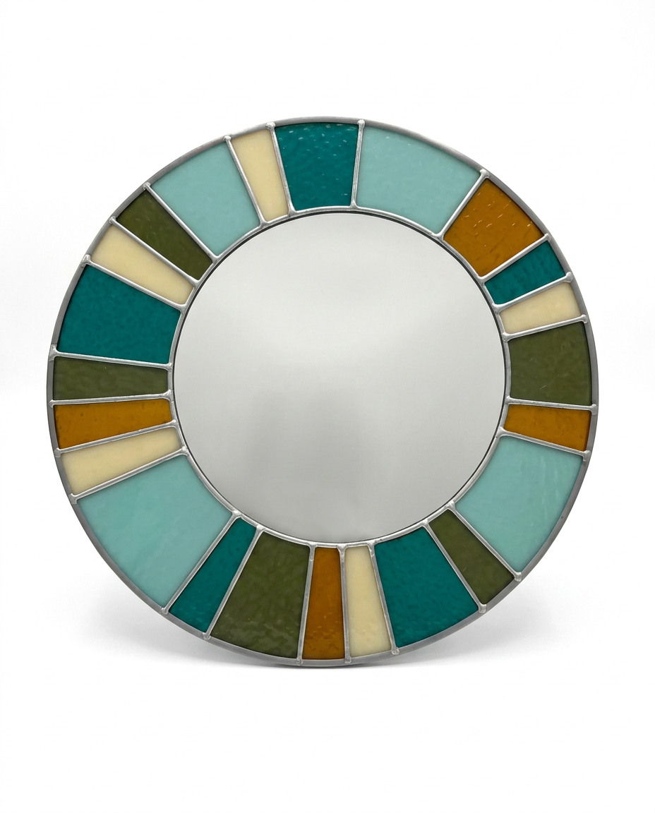 Round mirror with a colorful, multicolored frame on a white background