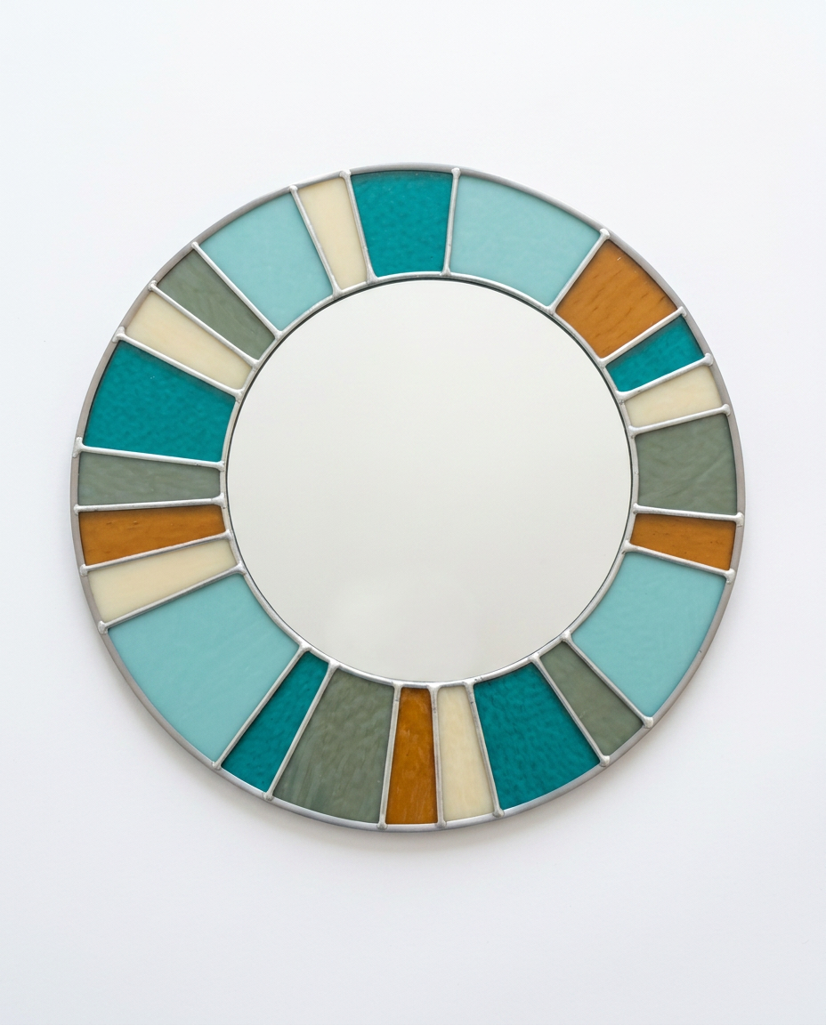 Round mirror with a colorful, segmented frame on a white background